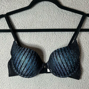 Hers by Herman Bra Women 32B Black Blue Lace Stripe Padded Underwire Push Up NEW